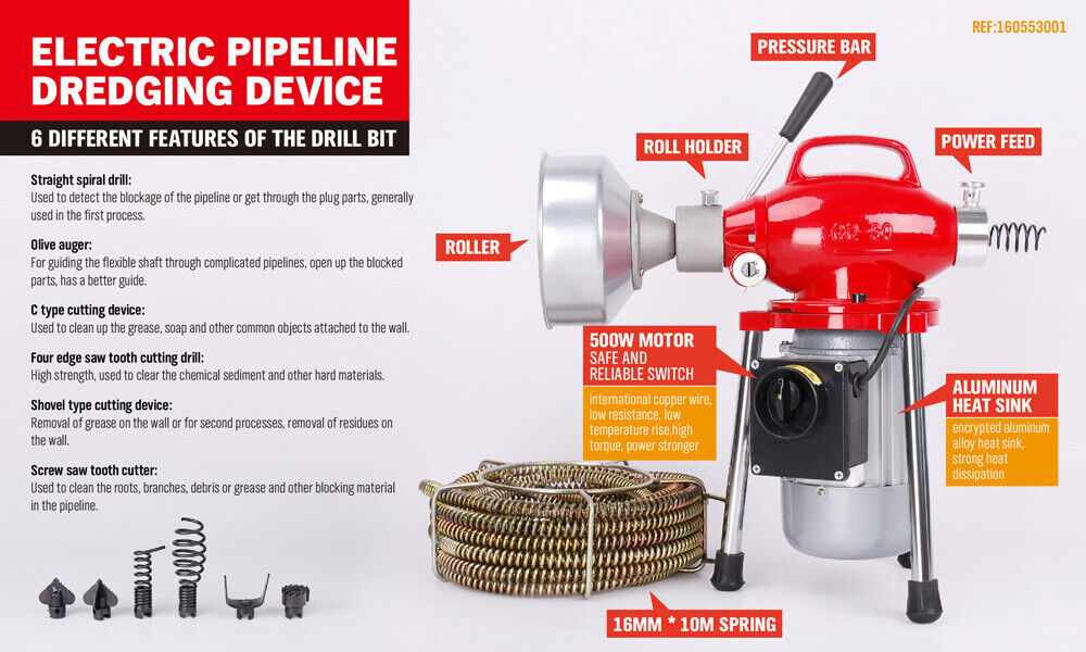 Sewage Pumps: 400W Drain Cleaner Electric Eel Rigid Plumbing Sewerage Pipe Machine 6 Cutters