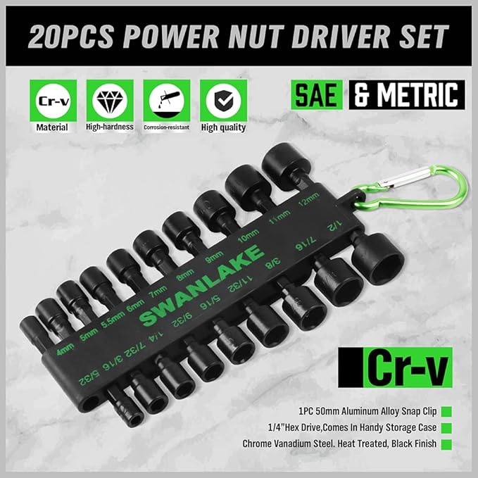 Hand Tools: SWANLAKE GARDEN TOOLS (letter with no tracking)SWANLAKE 20PCS Power Nut Driver Set for Impact Drill, 1/4” Hex Head Drill Bit SAE and Metric