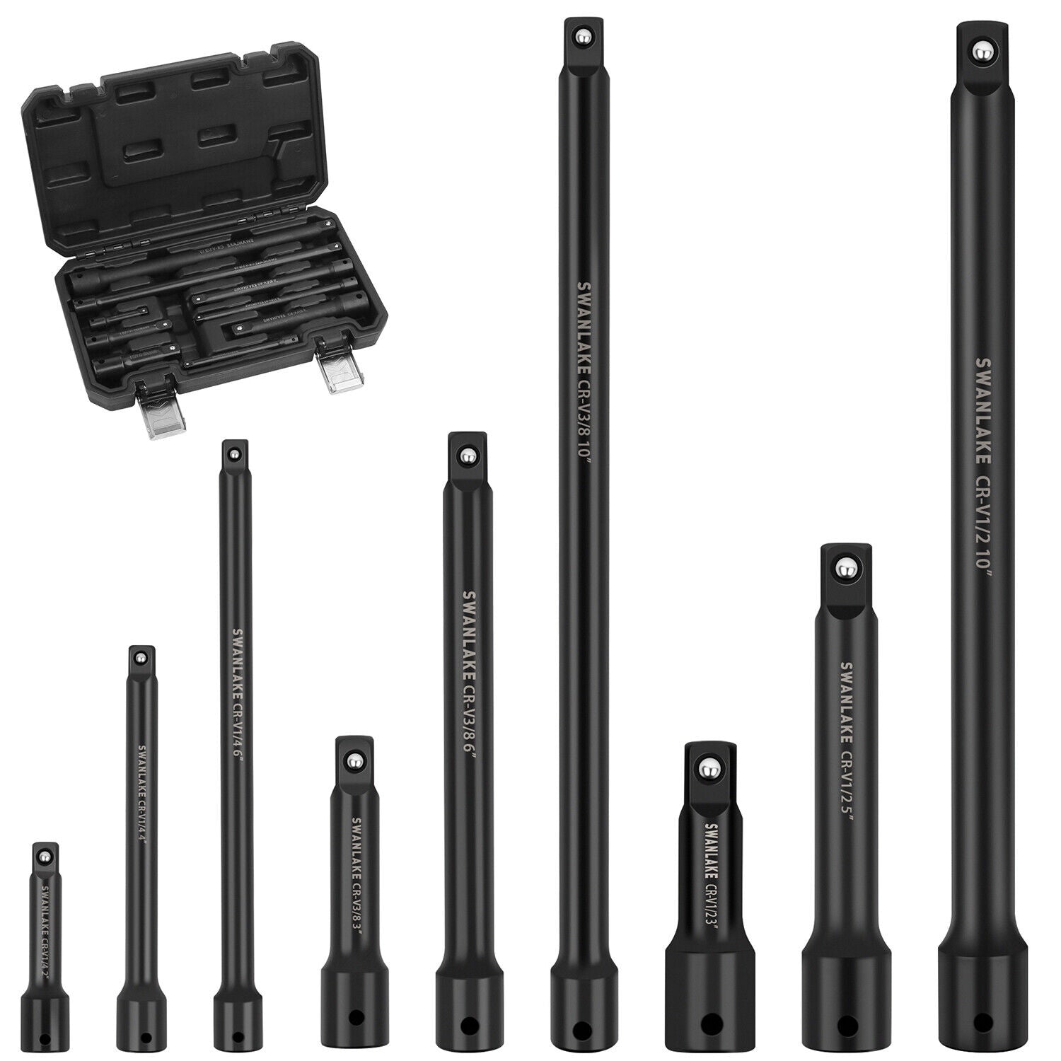 Hand Tools: 9Pcs Extension Bar Set 1/4" 3/8" 1/2" Black Drive Socket Auto Repairing