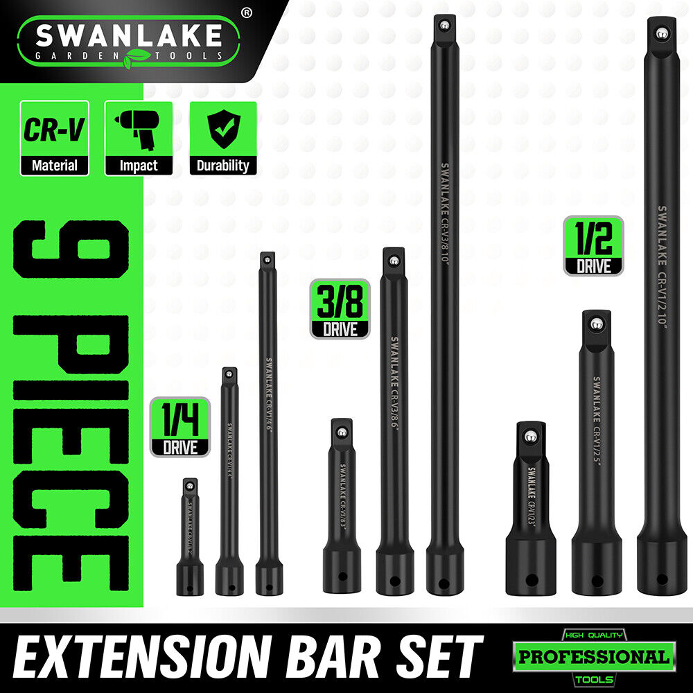 Hand Tools: 9Pcs Extension Bar Set 1/4" 3/8" 1/2" Black Drive Socket Auto Repairing