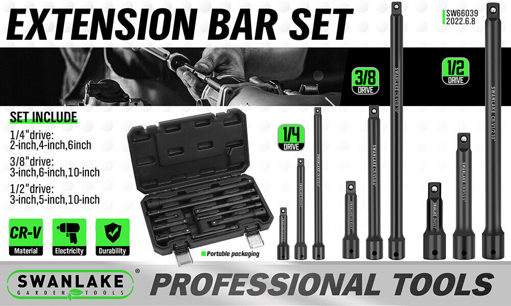 Hand Tools: 9Pcs Extension Bar Set 1/4" 3/8" 1/2" Black Drive Socket Auto Repairing