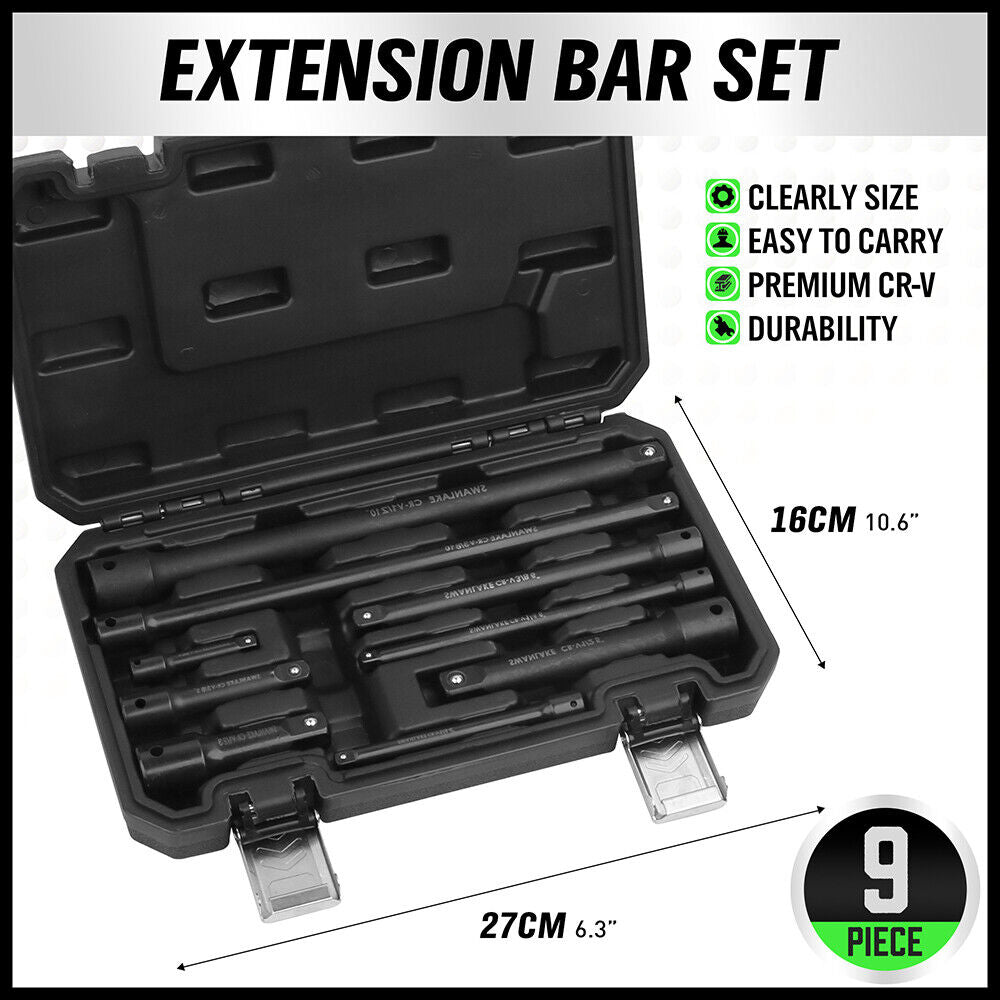 Hand Tools: 9Pcs Extension Bar Set 1/4" 3/8" 1/2" Black Drive Socket Auto Repairing
