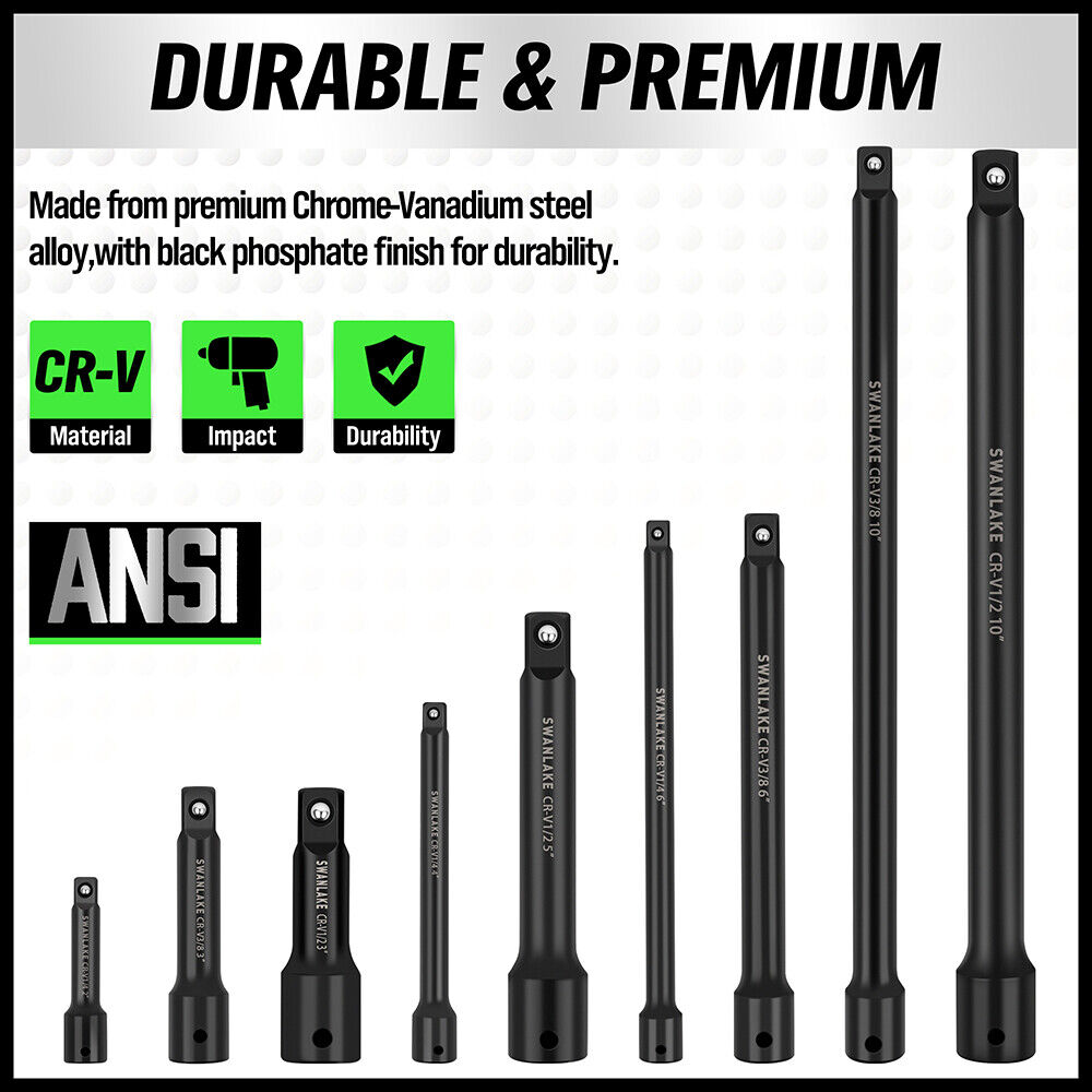Hand Tools: 9Pcs Extension Bar Set 1/4" 3/8" 1/2" Black Drive Socket Auto Repairing