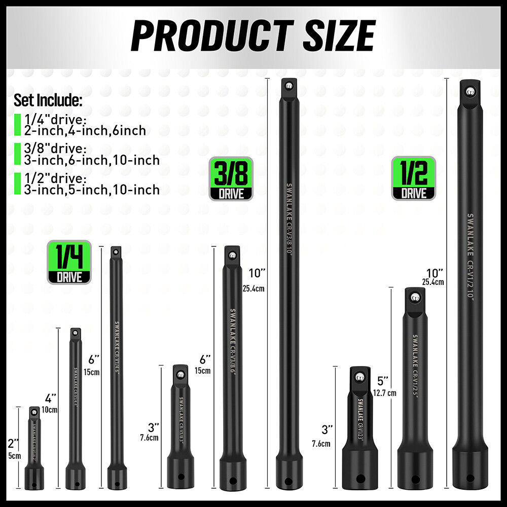 Hand Tools: 9Pcs Extension Bar Set 1/4" 3/8" 1/2" Black Drive Socket Auto Repairing