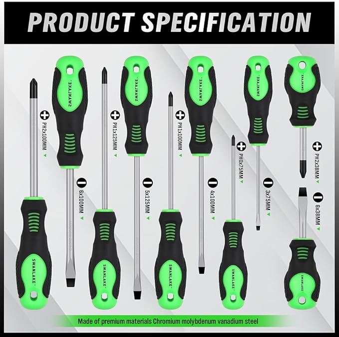 Hand Tools: SWANLAKE 11PCS Screwdriver Set, Magnetic 5 Phillips and 5 Flat Head Tips for Fastening and Loosening Seized (11PCS)