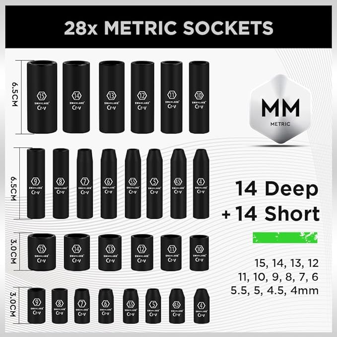 Hand Tools: SWANLAKE 1/4" Drive Impact Socket Set, 56-Piece Standard SAE (5/32 to 9/16 inch) and Metric (4-15mm) Size, 6 Point, Cr-V, 1/4-Inch Drive Ratchet Handle, Drive Extension Bar, Impact Universal Joint