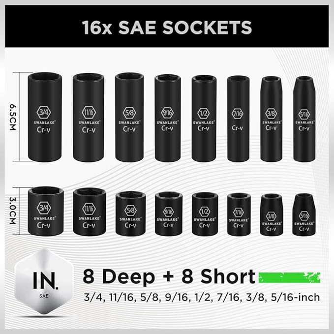 Hand Tools: SWANLAKE 3/8" Drive Impact Socket Set, 50-Piece Standard SAE (5/16 to 3/4 inch) and Metric (8-22mm) Size, 6 Point, Cr-V, 3/8-Inch Ratchet Handle, Extension Bar, Universal Joint