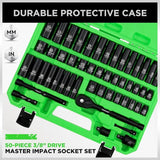 Hand Tools: SWANLAKE 3/8" Drive Impact Socket Set, 50-Piece Standard SAE (5/16 to 3/4 inch) and Metric (8-22mm) Size, 6 Point, Cr-V, 3/8-Inch Ratchet Handle, Extension Bar, Universal Joint