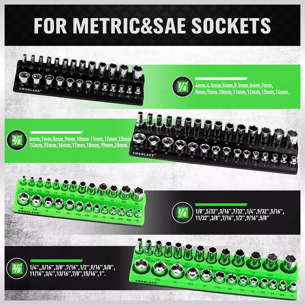 Tool Sockets: SWANLAKE 4Pc Magnetic Socket Organizer Tray 3/8" 1/4" SAE Metric Socket Holder