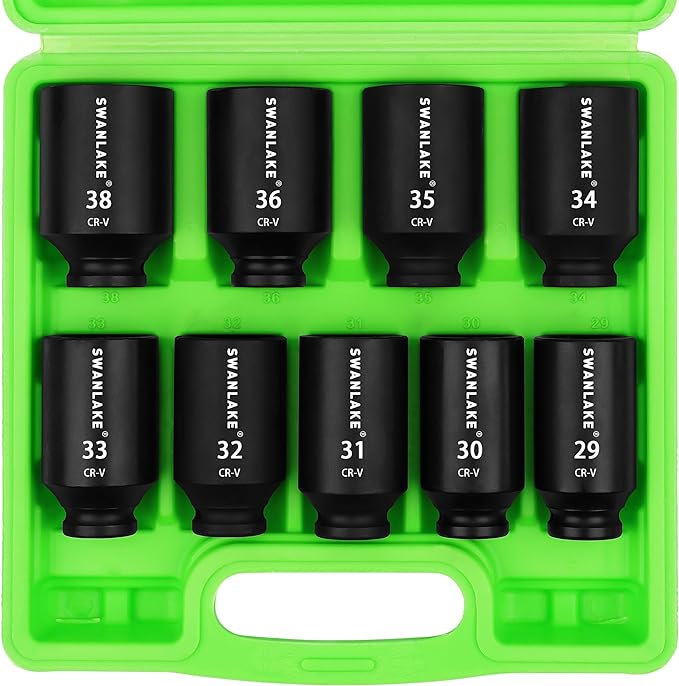 Hand Tools: SWANLAKE 9-Piece 1/2" Drive Jumbo Impact Socket Set, Metric 29mm-38mm Large Socksts Spindle Axle Nut Impact Socket, CR-V Black