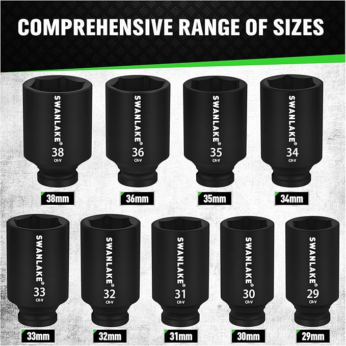 Hand Tools: SWANLAKE 9-Piece 1/2" Drive Jumbo Impact Socket Set, Metric 29mm-38mm Large Socksts Spindle Axle Nut Impact Socket, CR-V Black