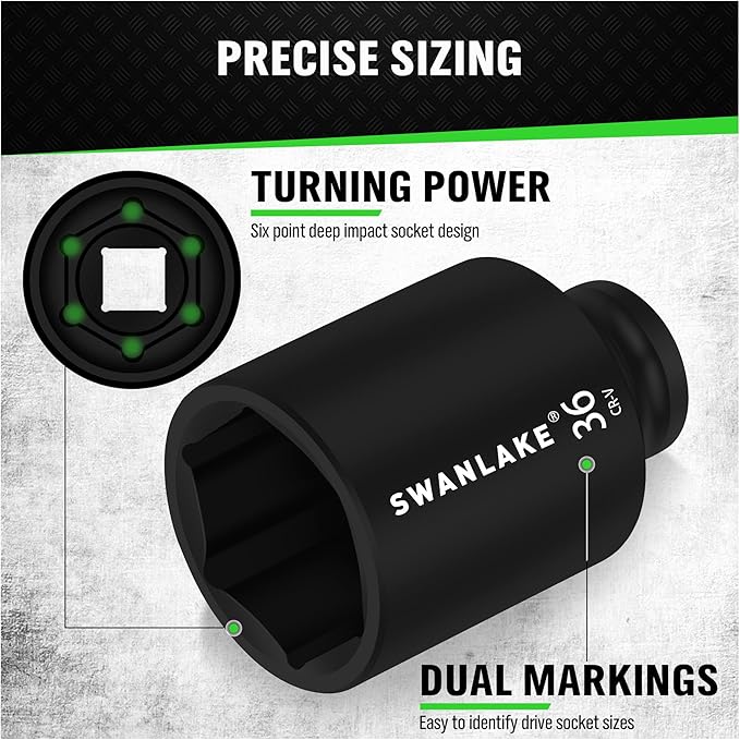 Hand Tools: SWANLAKE 9-Piece 1/2" Drive Jumbo Impact Socket Set, Metric 29mm-38mm Large Socksts Spindle Axle Nut Impact Socket, CR-V Black