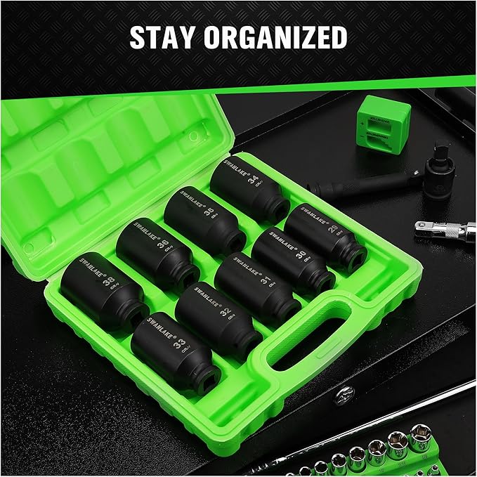 Hand Tools: SWANLAKE 9-Piece 1/2" Drive Jumbo Impact Socket Set, Metric 29mm-38mm Large Socksts Spindle Axle Nut Impact Socket, CR-V Black