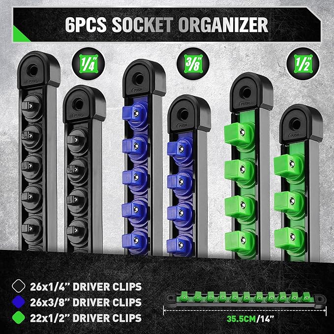 Hand Tools: SWANLAKE 6-Piece Swivel Socket Organiser Set, 1/4-Inch x 26 Clips, 3/8-Inch x 26 Clips, 1/2-Inch x 22 Clips, Premium Quality Socket Storage Holders