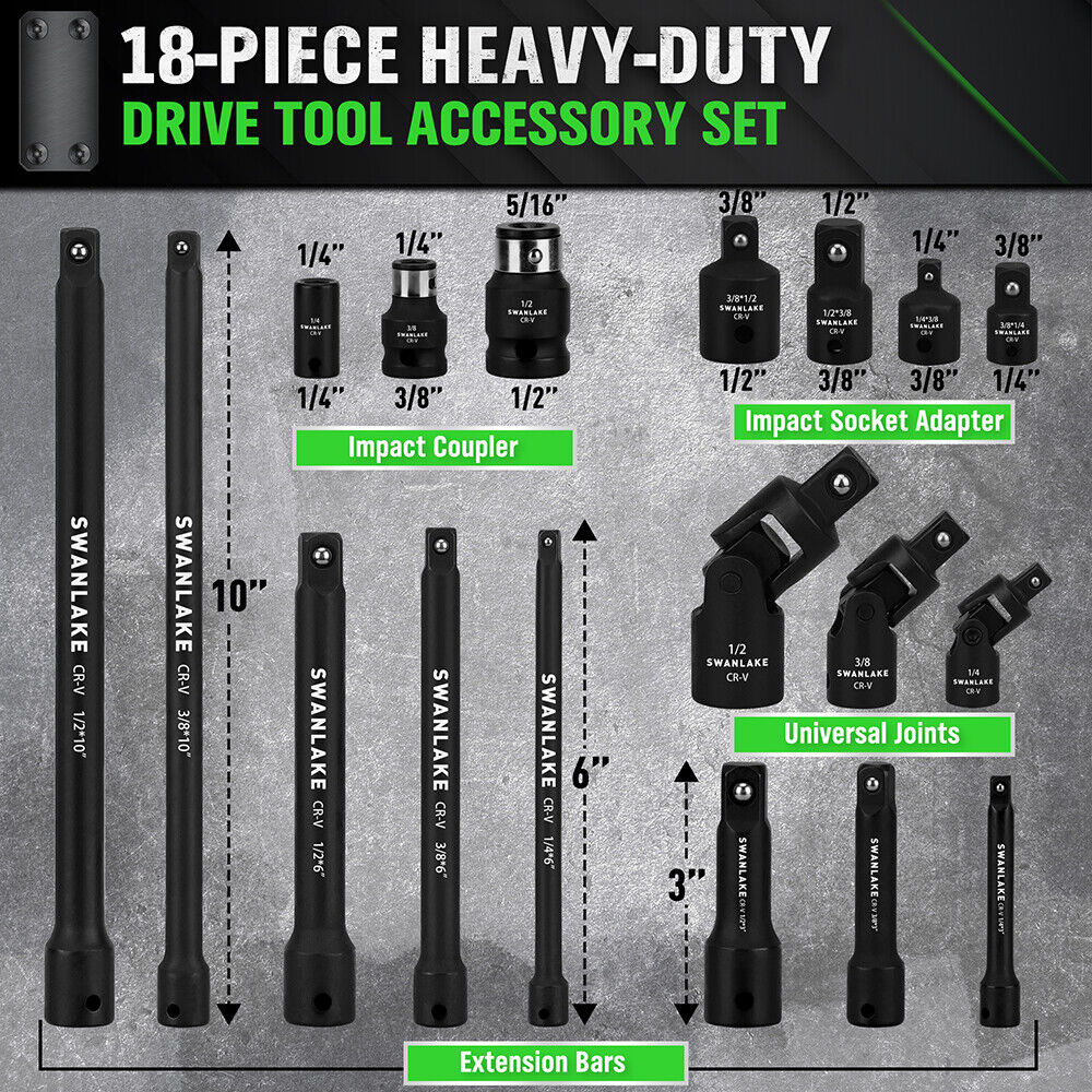 Hand Tools: SWANLAKE 18Pcs Drive Tool Accessory Set Extension Bars Impact Universal Joint