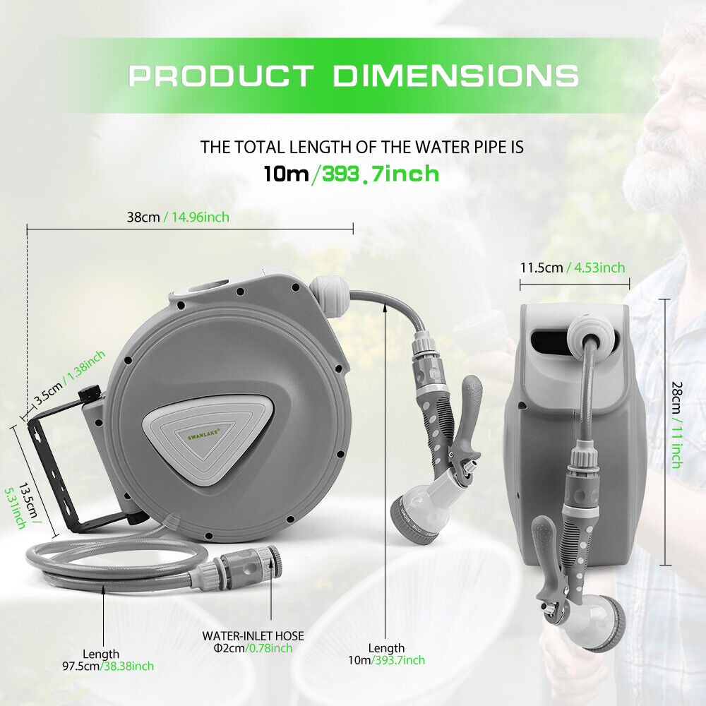 Air Compressors Accessories: 10M Retractable Garden Air Hose Reel Storage Auto Rewind Wall Mounted Grey AU