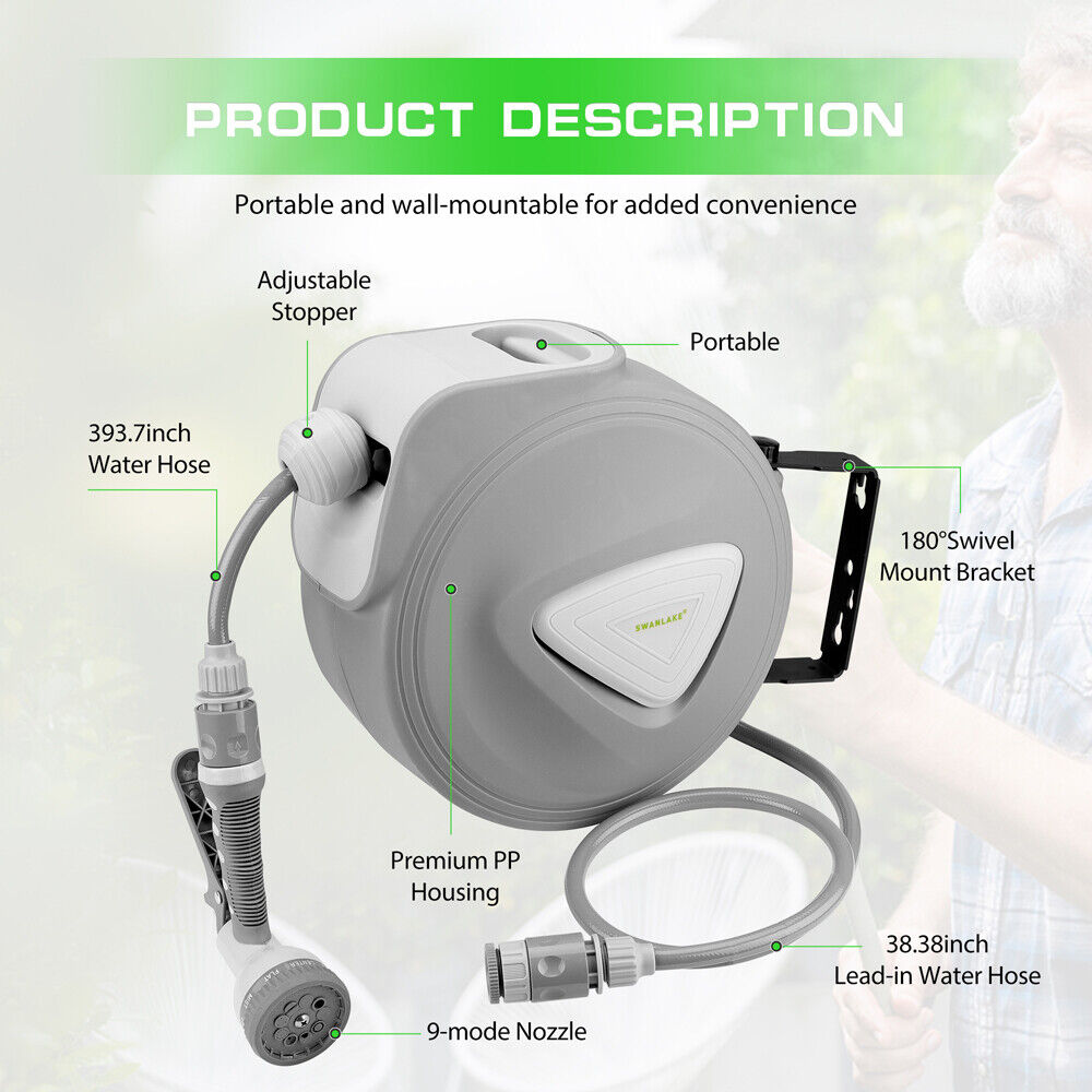 Air Compressors Accessories: 10M Retractable Garden Air Hose Reel Storage Auto Rewind Wall Mounted Grey AU