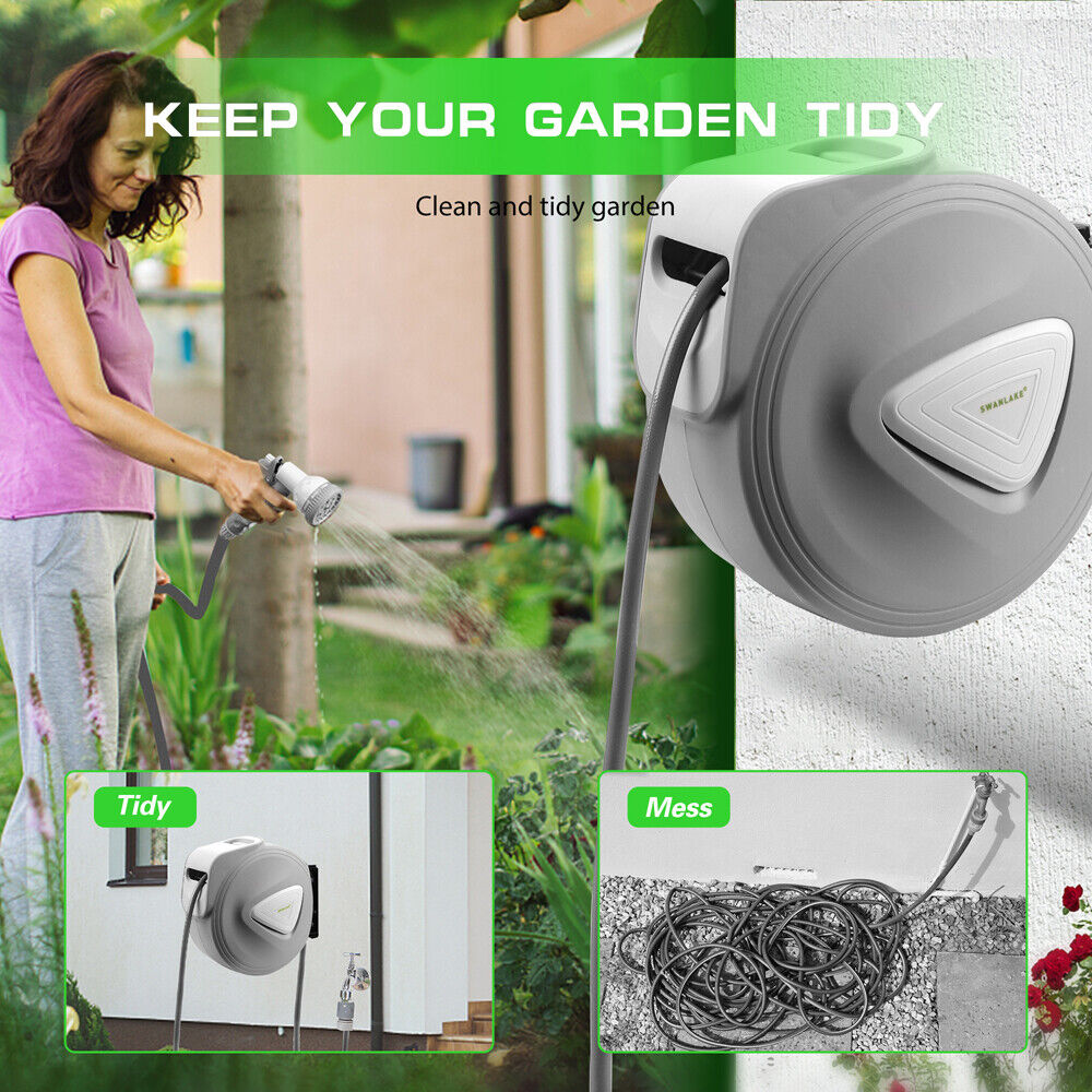 Air Compressors Accessories: 10M Retractable Garden Air Hose Reel Storage Auto Rewind Wall Mounted Grey AU