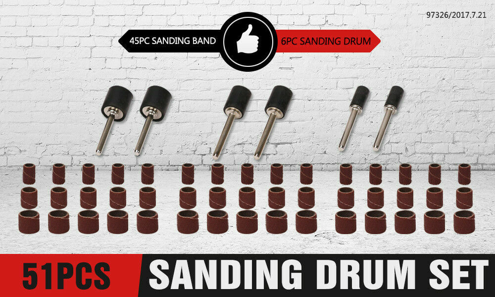 Sanding Accessories: 51Pc Sanding Bands Drum Sleeve Set 120 Grits Mandrel Dremel Rotary Kit 3mm Shank