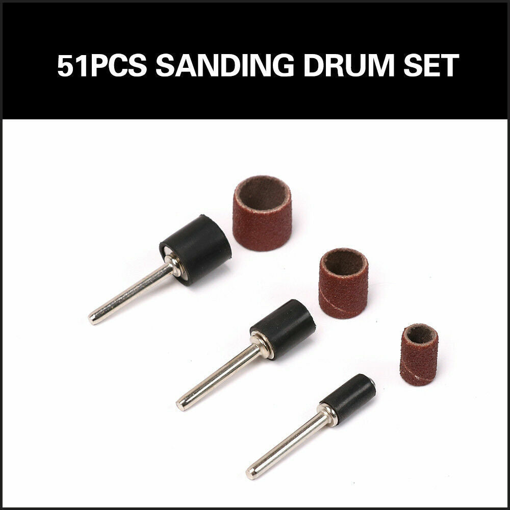 Sanding Accessories: 51Pc Sanding Bands Drum Sleeve Set 120 Grits Mandrel Dremel Rotary Kit 3mm Shank