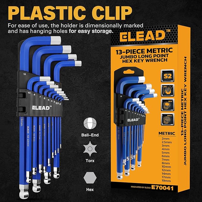 Hand Tools: ELEAD Jumbo Hex Key Allen Wrench Set | 13-Piece Metric 2-19mm | Long Ball End Durable CR-V | Automotive | Mechanic | Furniture | Professional Grade Tools