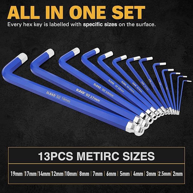 Hand Tools: ELEAD Jumbo Hex Key Allen Wrench Set | 13-Piece Metric 2-19mm | Long Ball End Durable CR-V | Automotive | Mechanic | Furniture | Professional Grade Tools