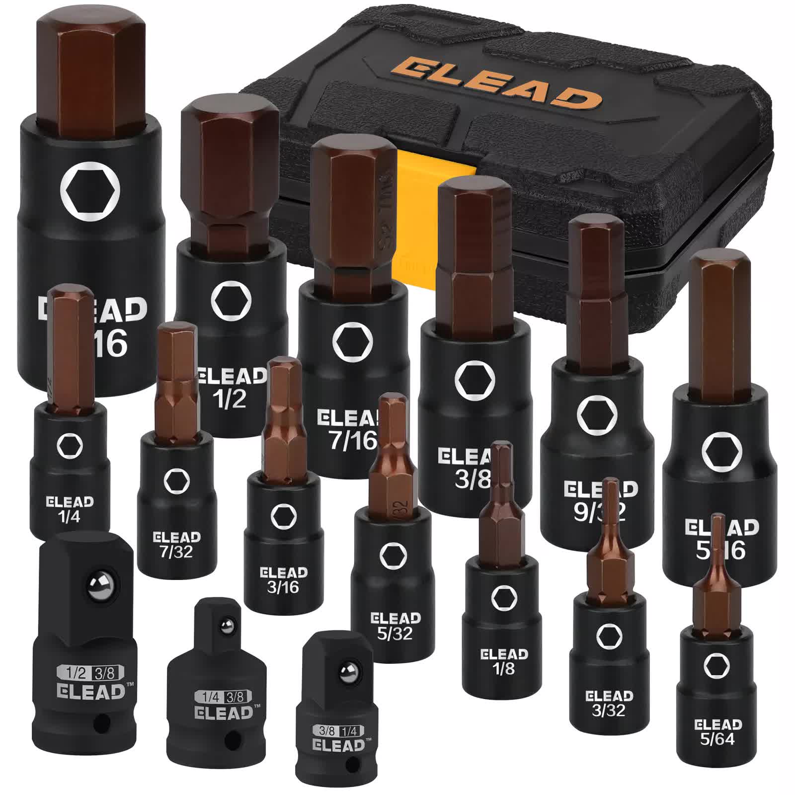 Tool Sockets: 16Pc SAE Hex Bit Impact Socket Set 5/64"-9/16" Allen Socket Set Socket Adapter