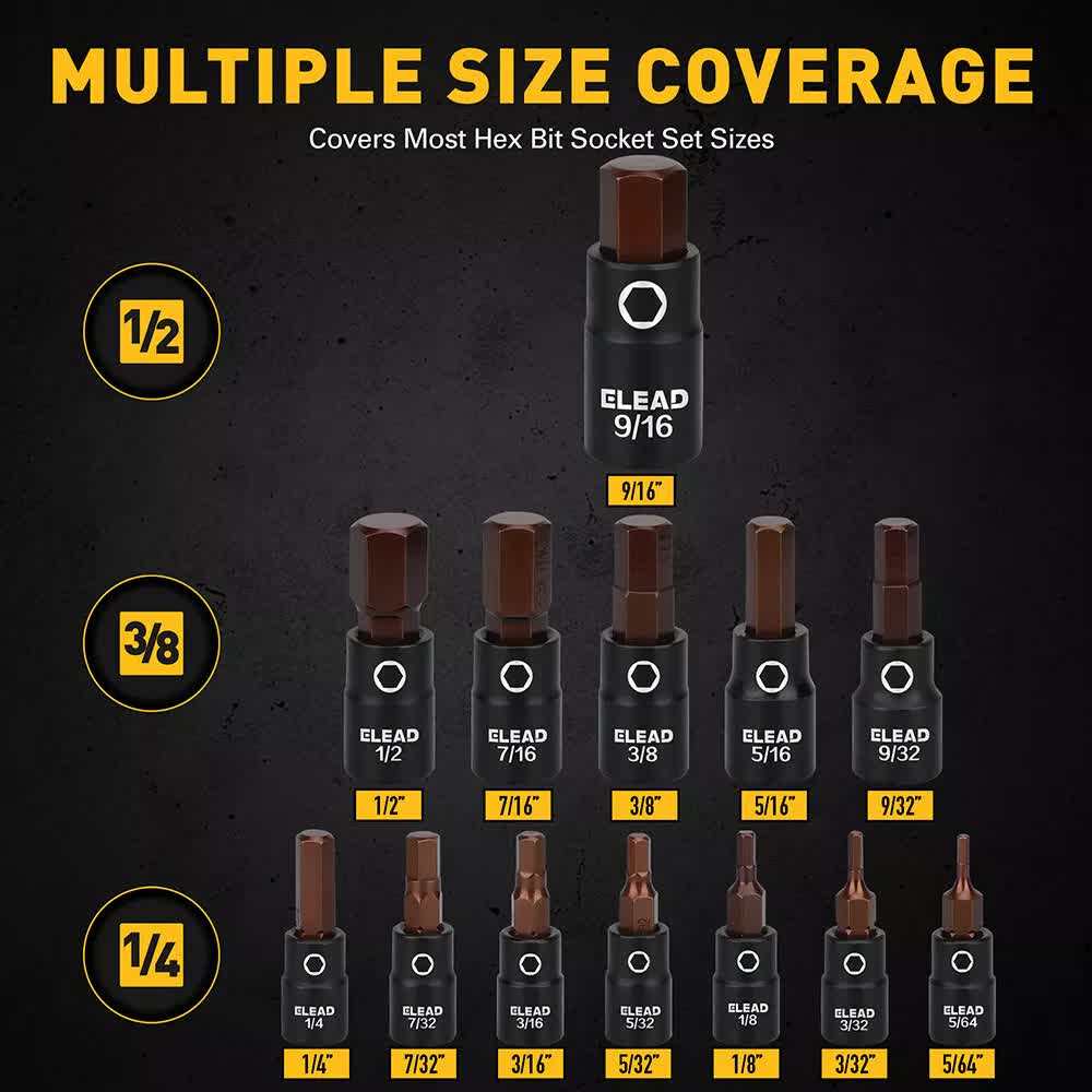 Tool Sockets: 16Pc SAE Hex Bit Impact Socket Set 5/64"-9/16" Allen Socket Set Socket Adapter