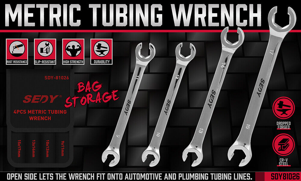 Door Hardware: SEDY 4Pc Flare Nut Wrench Set Offset End Spanner Metric CR-V Steel Storage Pouch