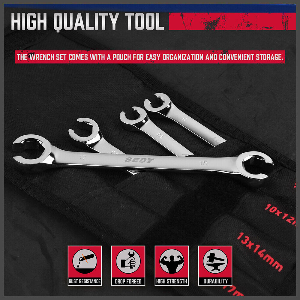 Door Hardware: SEDY 4Pc Flare Nut Wrench Set Offset End Spanner Metric CR-V Steel Storage Pouch