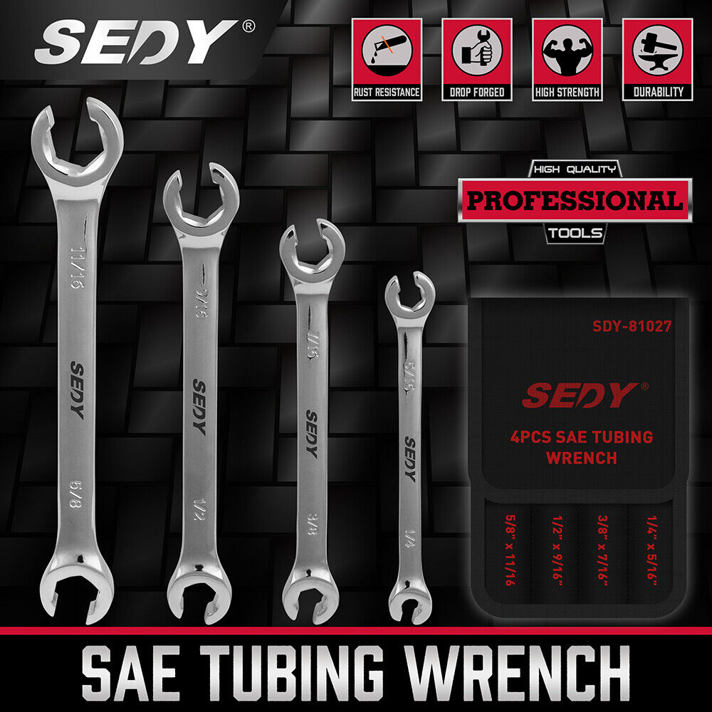 Automotive Repair & Speciality Tools: SEDY 4Pc Flare Nut Spanner Set SAE Brake Line Wrench Offset Head Organizer Pouch
