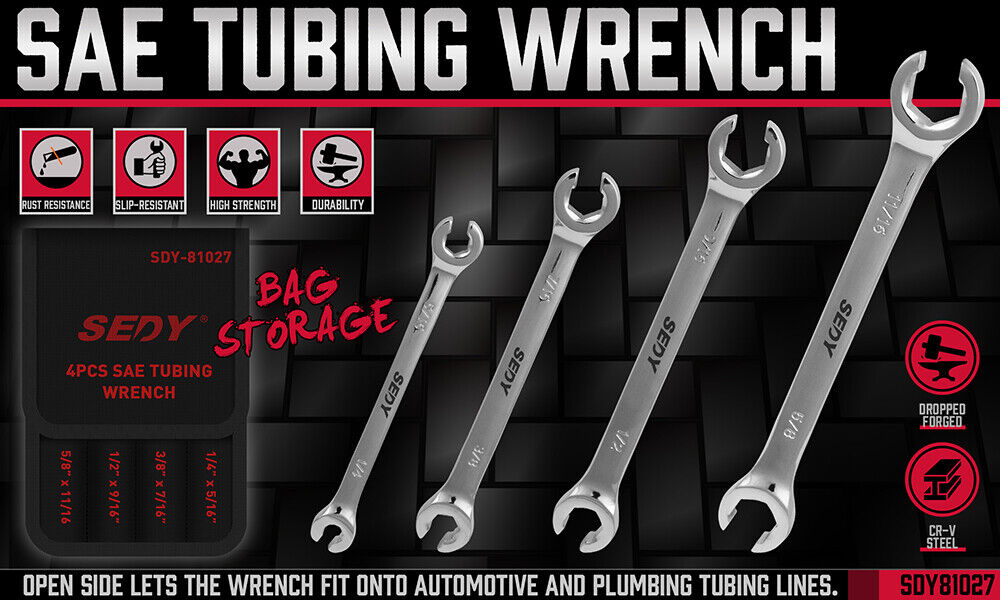 Automotive Repair & Speciality Tools: SEDY 4Pc Flare Nut Spanner Set SAE Brake Line Wrench Offset Head Organizer Pouch