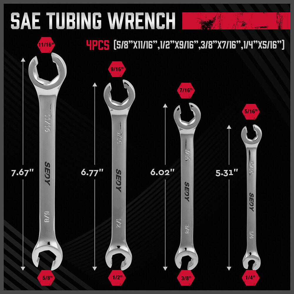 Automotive Repair & Speciality Tools: SEDY 4Pc Flare Nut Spanner Set SAE Brake Line Wrench Offset Head Organizer Pouch