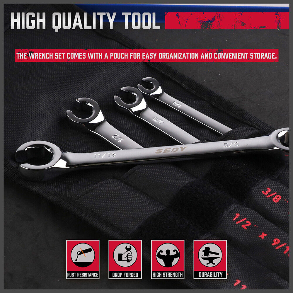 Automotive Repair & Speciality Tools: SEDY 4Pc Flare Nut Spanner Set SAE Brake Line Wrench Offset Head Organizer Pouch