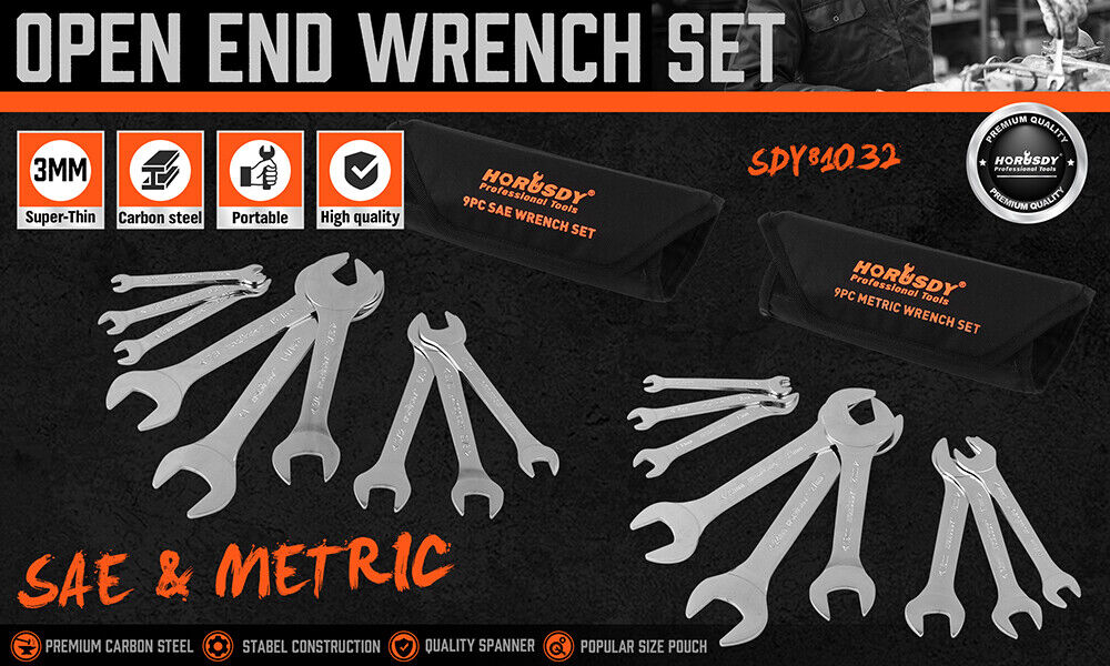Automotive Parts: HORUSDY Super Thin 18Pc Wrench Set Open End Spanner 3mm CRV Metric & SAE w Pouch