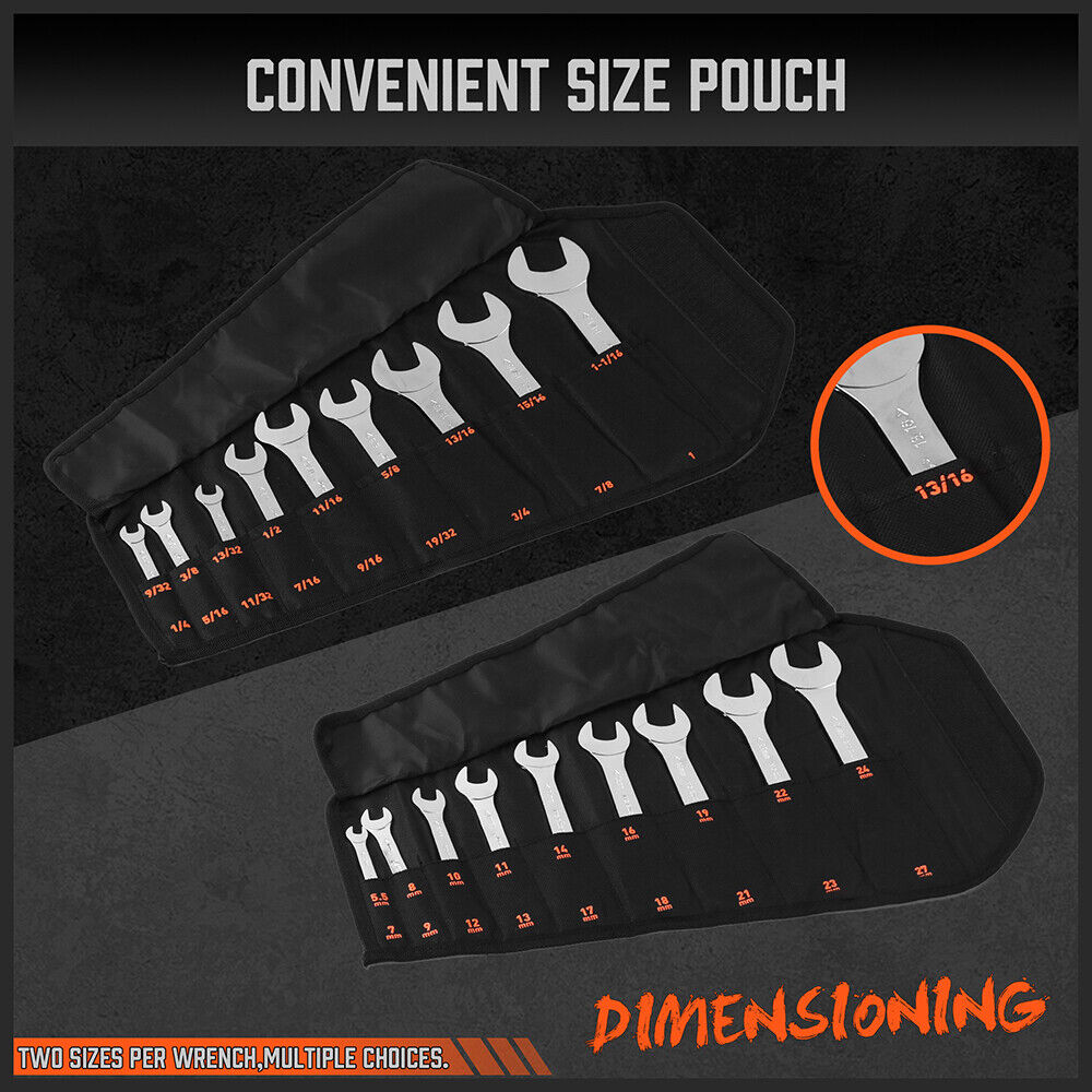 Automotive Parts: HORUSDY Super Thin 18Pc Wrench Set Open End Spanner 3mm CRV Metric & SAE w Pouch