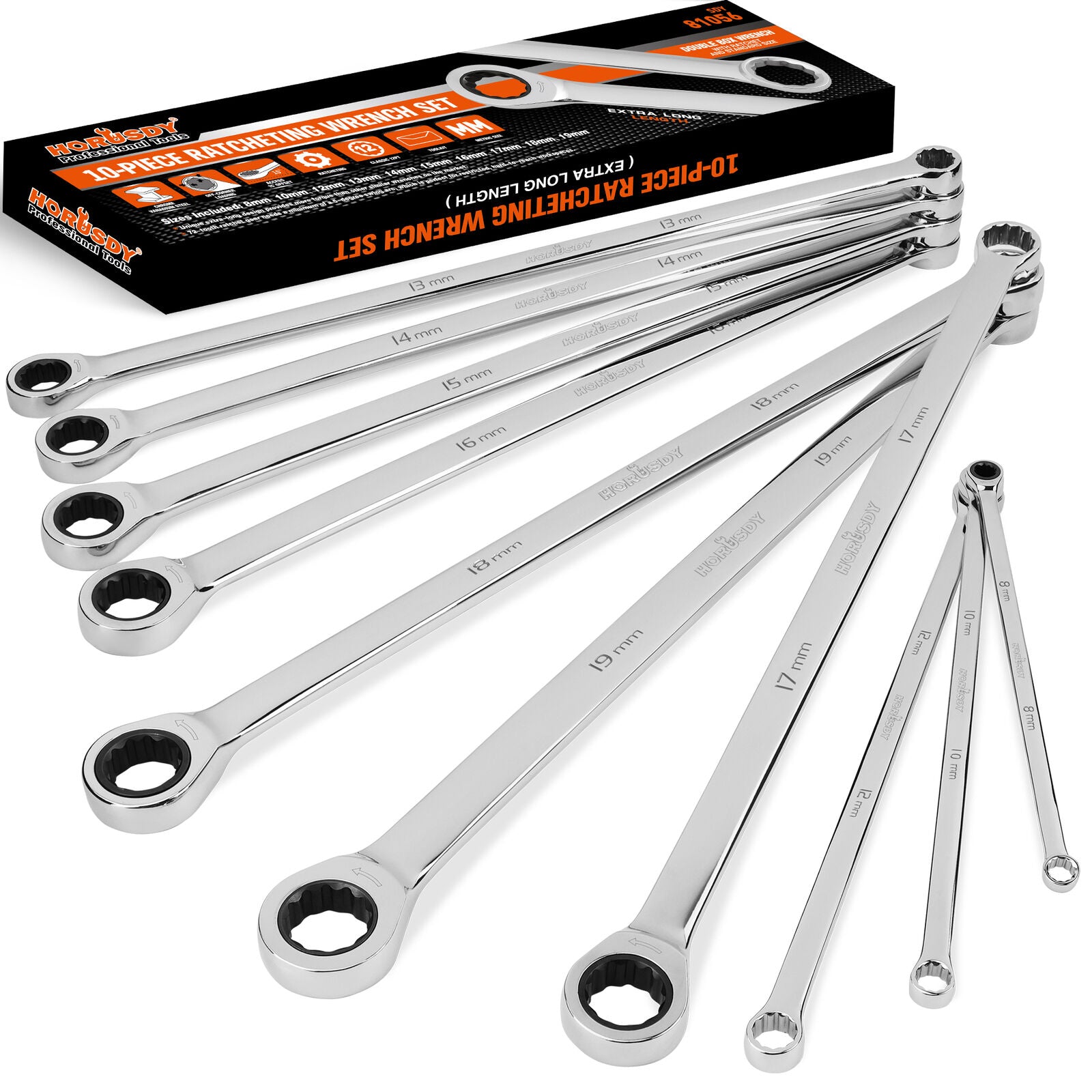 Hand Tools: HORUSDY 10Pc Extra Long Ratchet Spanner Set Aviation Double End 8-19mm w/t Pouch