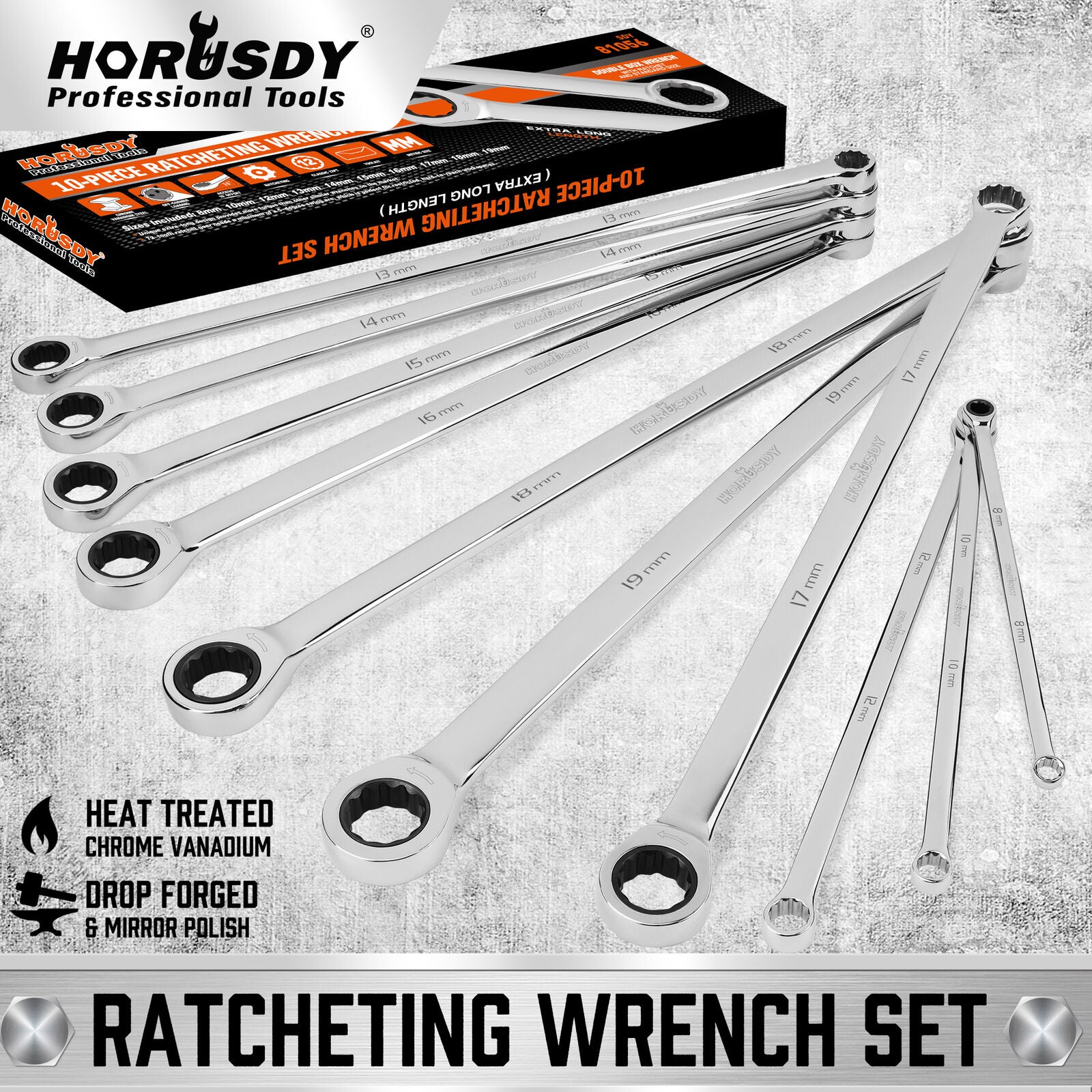 Hand Tools: HORUSDY 10Pc Extra Long Ratchet Spanner Set Aviation Double End 8-19mm w/t Pouch