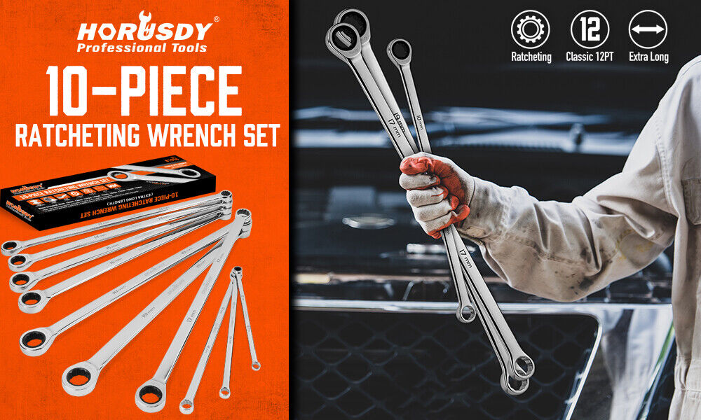 Hand Tools: HORUSDY 10Pc Extra Long Ratchet Spanner Set Aviation Double End 8-19mm w/t Pouch