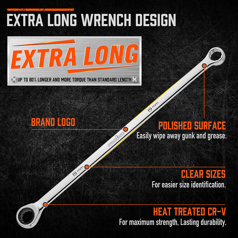 Hand Tools: HORUSDY 10Pc Extra Long Ratchet Spanner Set Aviation Double End 8-19mm w/t Pouch