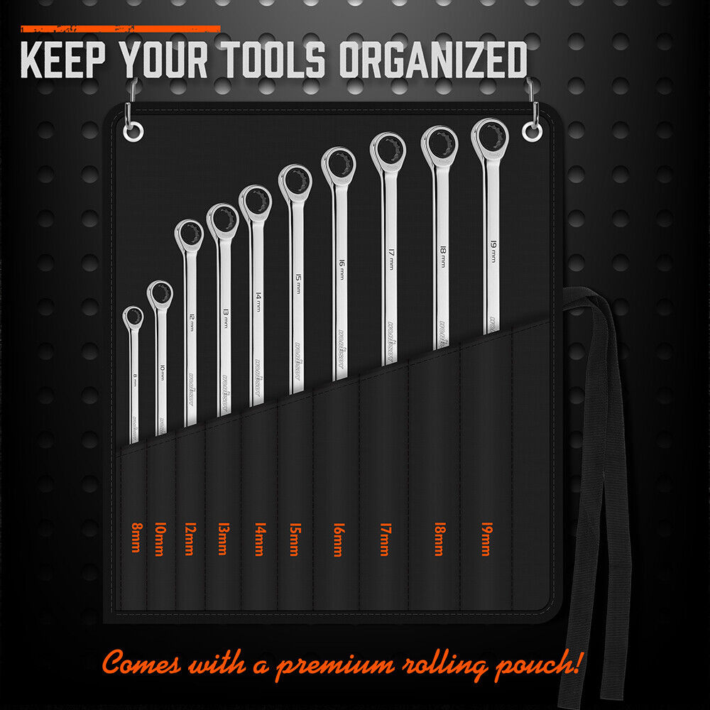 Hand Tools: HORUSDY 10Pc Extra Long Ratchet Spanner Set Aviation Double End 8-19mm w/t Pouch