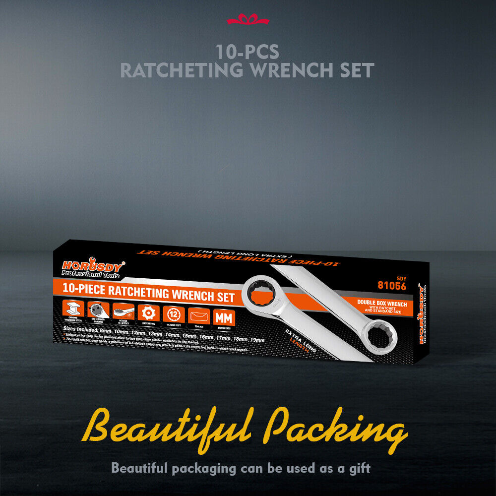 Hand Tools: HORUSDY 10Pc Extra Long Ratchet Spanner Set Aviation Double End 8-19mm w/t Pouch