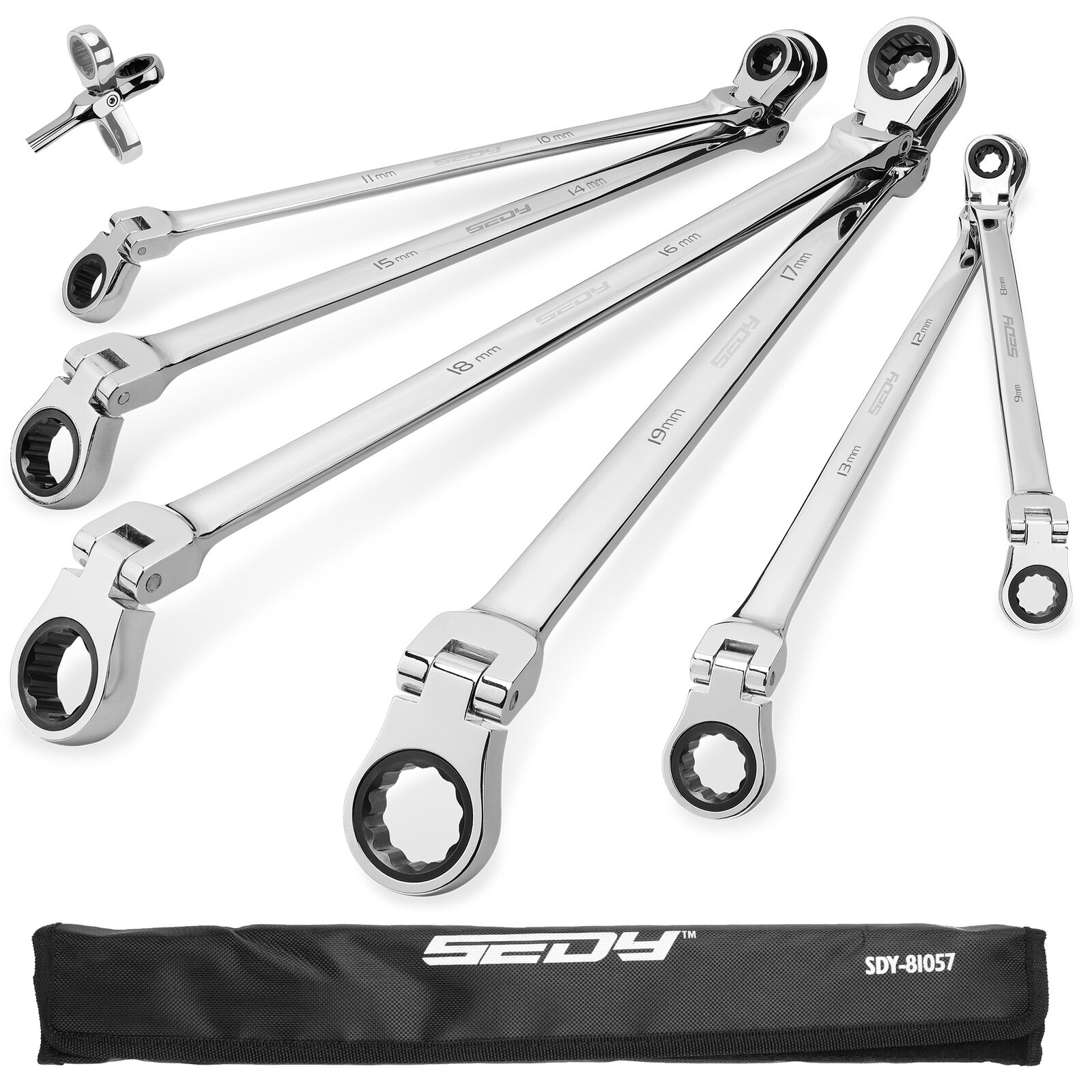Hand Tools: SEDY 6Pcs Extra Long Flex-Head Ratchet Spanner Set Double Box End Spanner 8-19mm