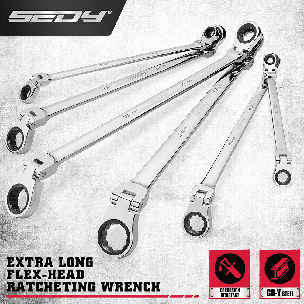 Hand Tools: SEDY 6Pcs Extra Long Flex-Head Ratchet Spanner Set Double Box End Spanner 8-19mm