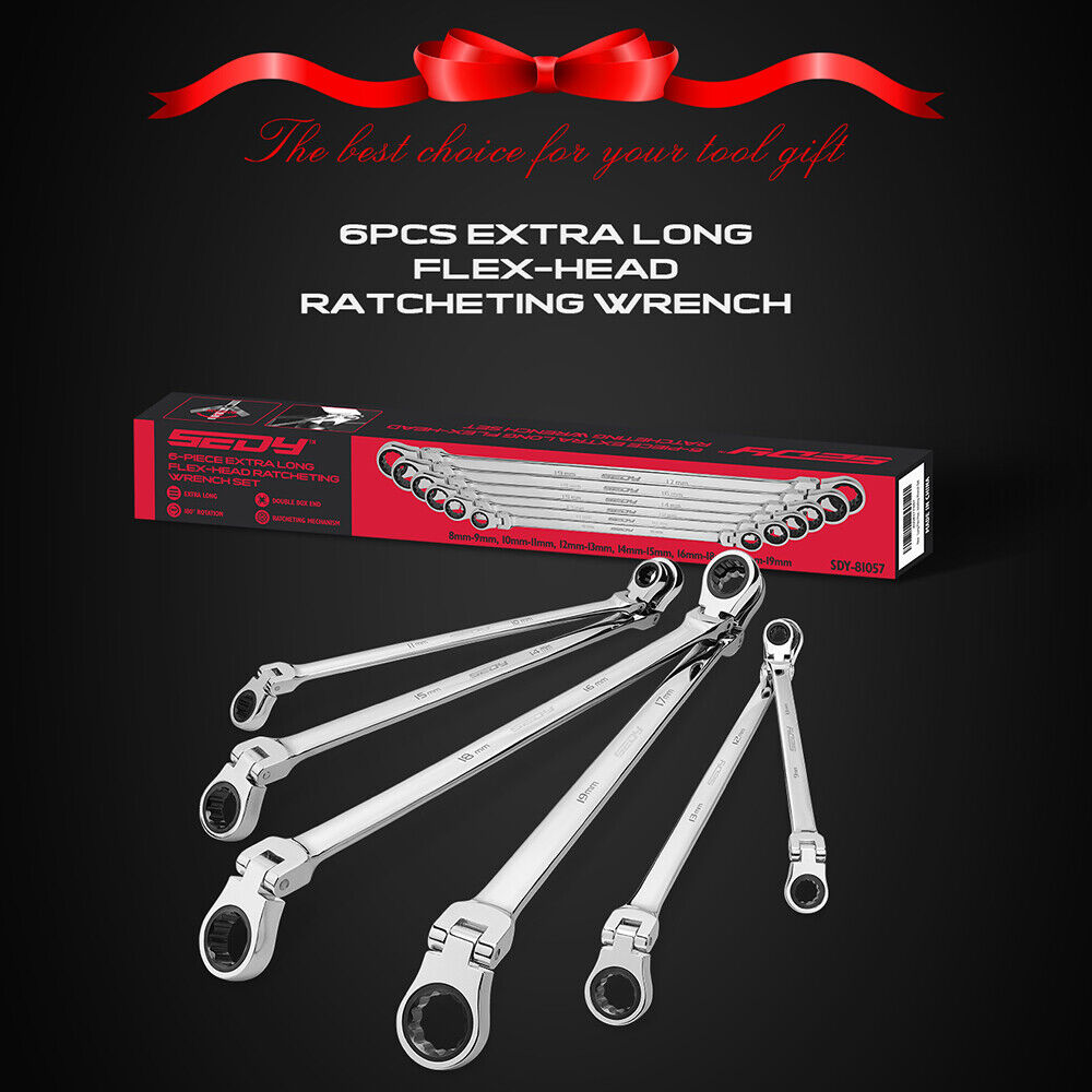 Hand Tools: SEDY 6Pcs Extra Long Flex-Head Ratchet Spanner Set Double Box End Spanner 8-19mm