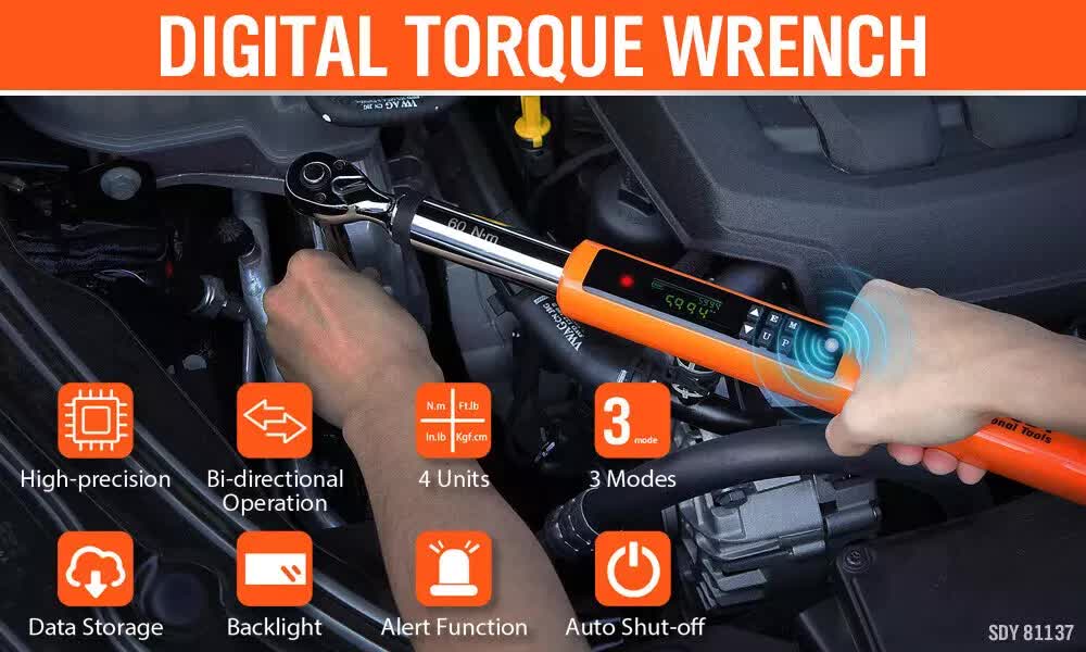 Hand Tools: 3/8" Drive Digital Torque Wrench Electronic Adjustable Torque Range 44ftlb