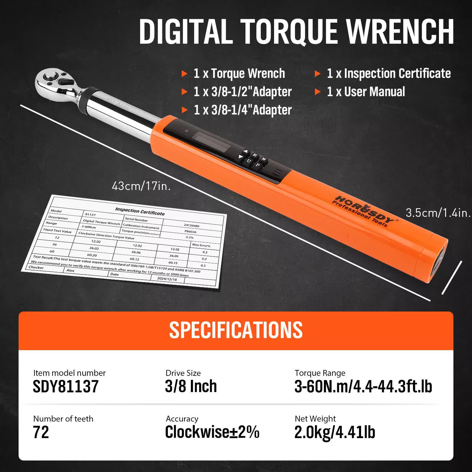 Hand Tools: 3/8" Drive Digital Torque Wrench Electronic Adjustable Torque Range 44ftlb