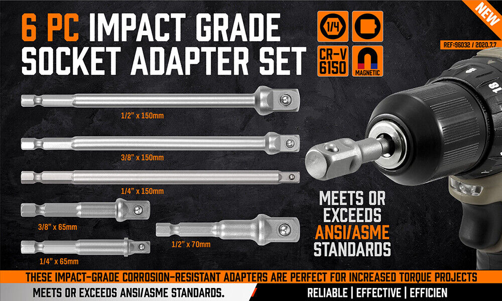 Drill & Screwdriver Accessories: 6Pc Drill Socket Adapter Set Long Short Combination Extension Impact Nut Driver