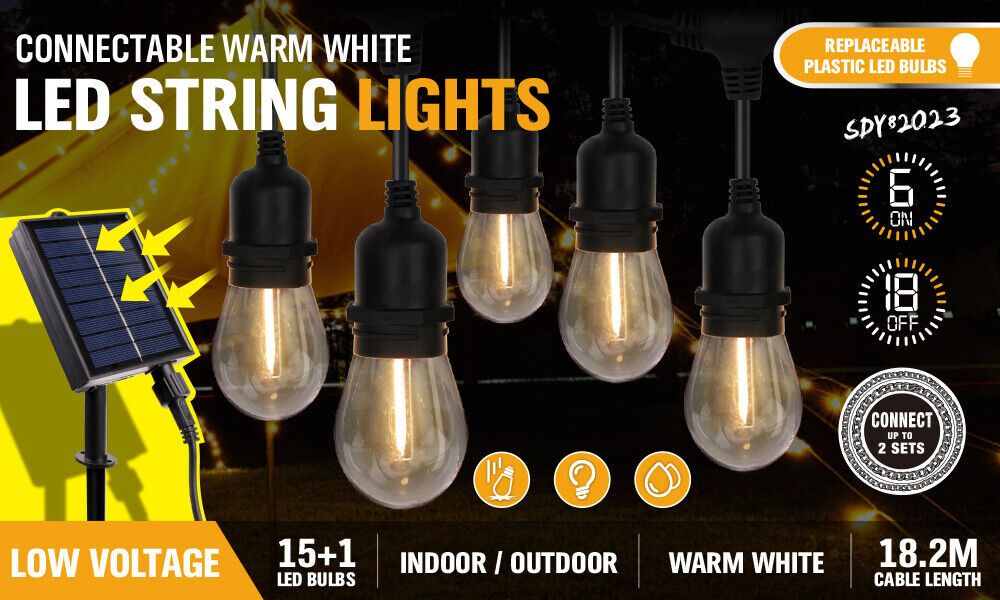 Outdoor Decorations & Lights: Solar Power 15 LED 18.2M Festoon String Lights Wedding Party WaterProof
