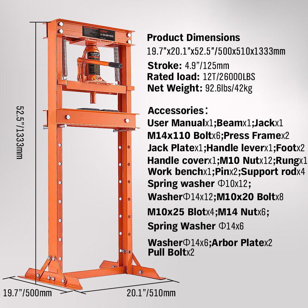 Automotive Lifts & Hoists: HORUSDY 12T Hydraulic Shop Press Bending H-Frame Benchtop Jack Stand Heavy Duty